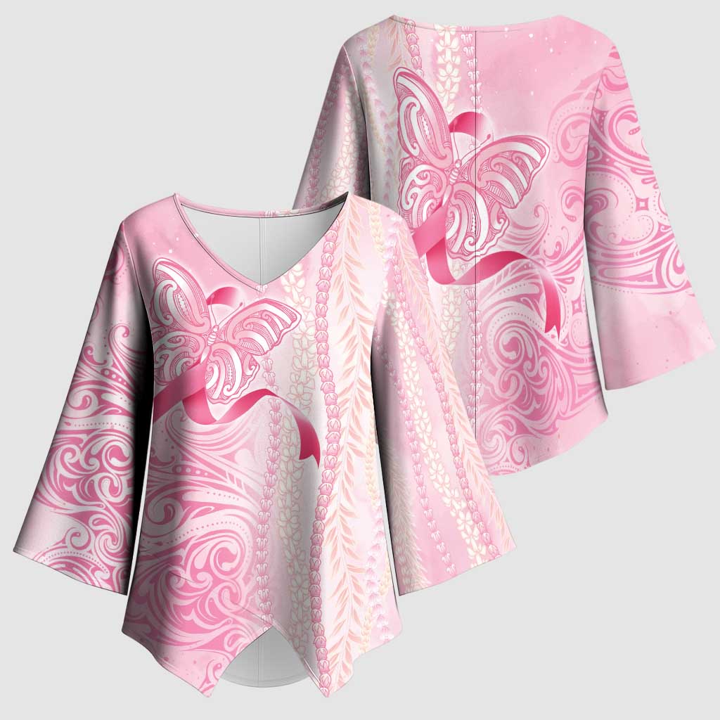 Breast Cancer Awareness Kimono Sleeve Blouse Maile Pikake Lokelani Crown Flower Lei Inspired LT9 - Polynesian Pride