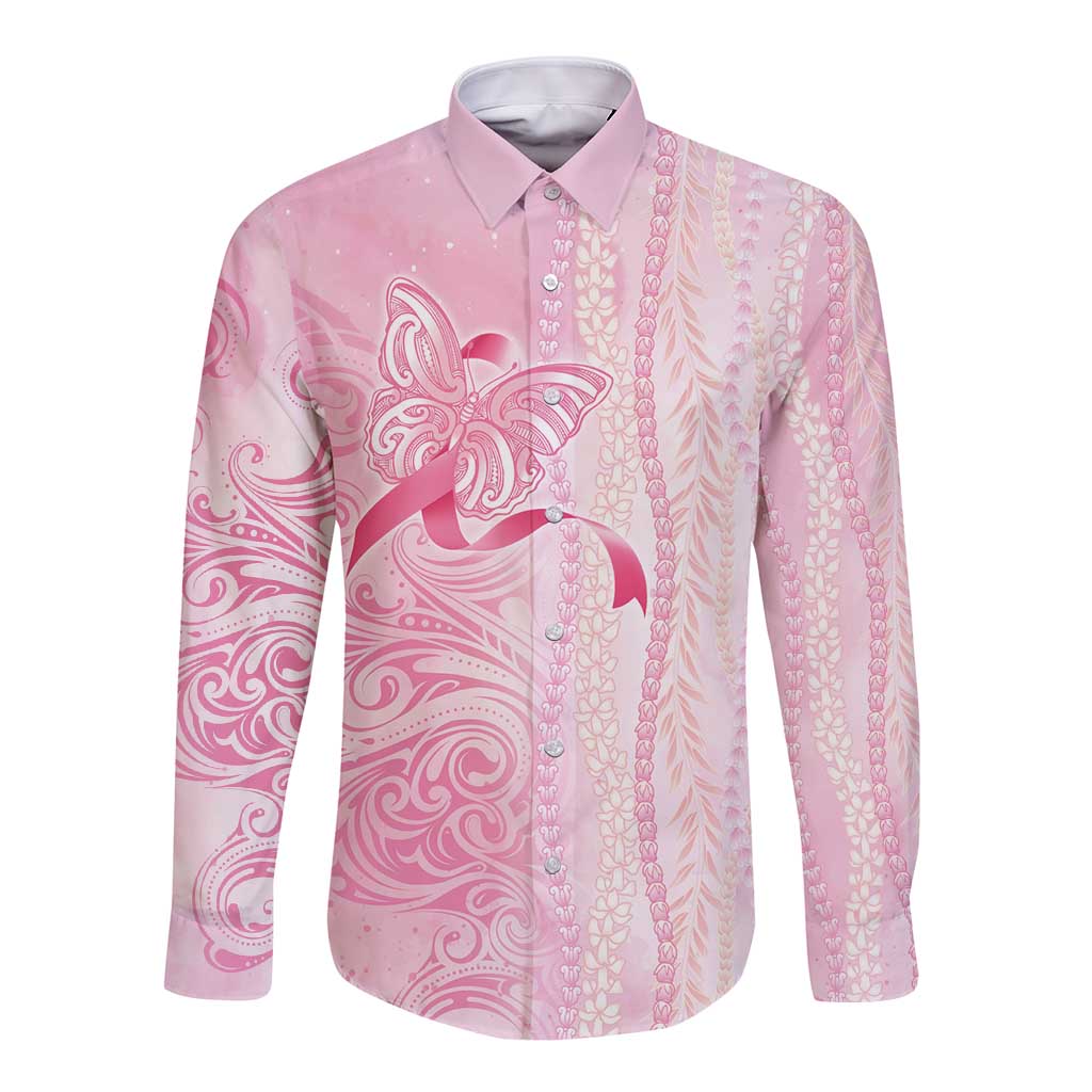 Breast Cancer Awareness Long Sleeve Button Shirt Maile Pikake Lokelani Crown Flower Lei Inspired LT9 Unisex Pink - Polynesian Pride