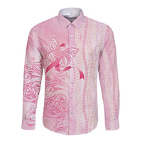 Breast Cancer Awareness Long Sleeve Button Shirt Maile Pikake Lokelani Crown Flower Lei Inspired LT9 Unisex Pink - Polynesian Pride