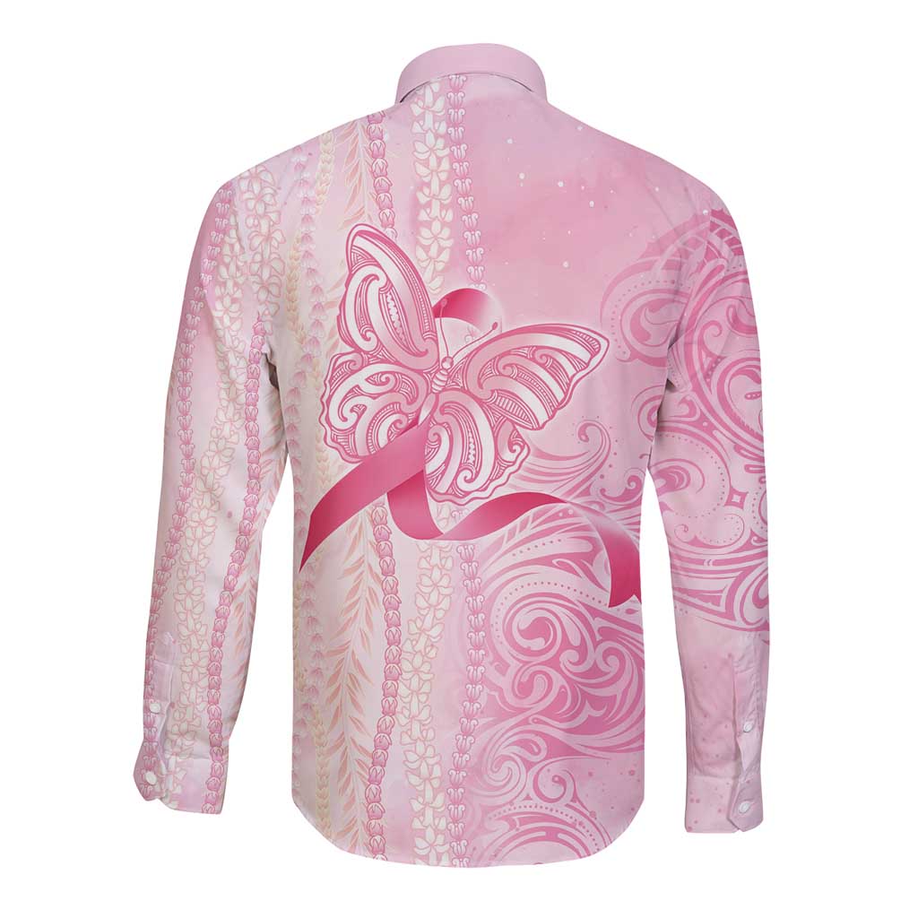 Breast Cancer Awareness Long Sleeve Button Shirt Maile Pikake Lokelani Crown Flower Lei Inspired LT9 - Polynesian Pride