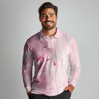 Breast Cancer Awareness Long Sleeve Polo Shirt Maile Pikake Lokelani Crown Flower Lei Inspired