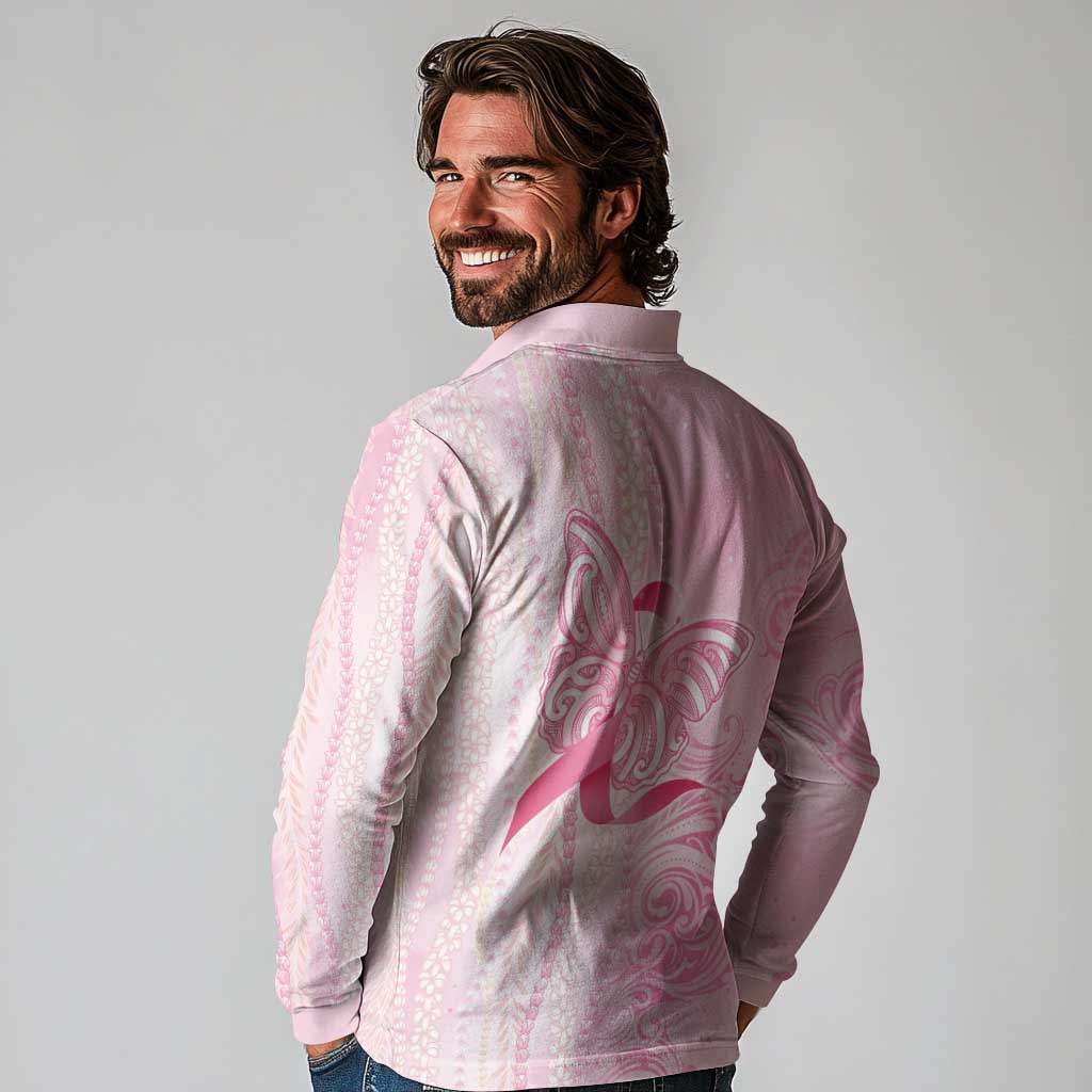 Breast Cancer Awareness Long Sleeve Polo Shirt Maile Pikake Lokelani Crown Flower Lei Inspired