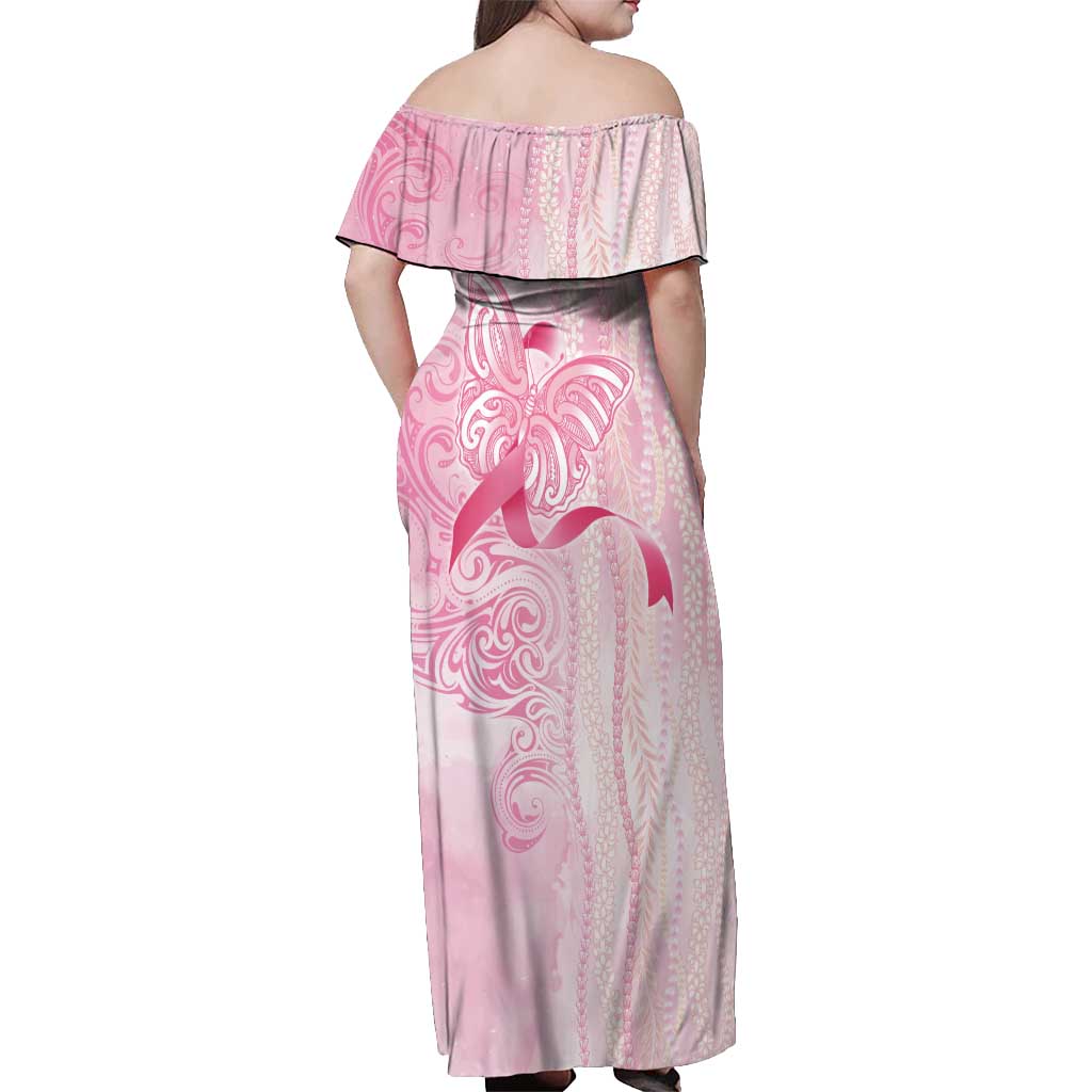 Breast Cancer Awareness Off Shoulder Maxi Dress Maile Pikake Lokelani Crown Flower Lei Inspired