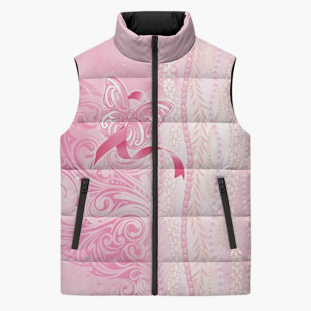 Breast Cancer Awareness Sleeveless Puffer Jacket Maile Pikake Lokelani Crown Flower Lei Inspired LT9 Unisex Pink - Polynesian Pride