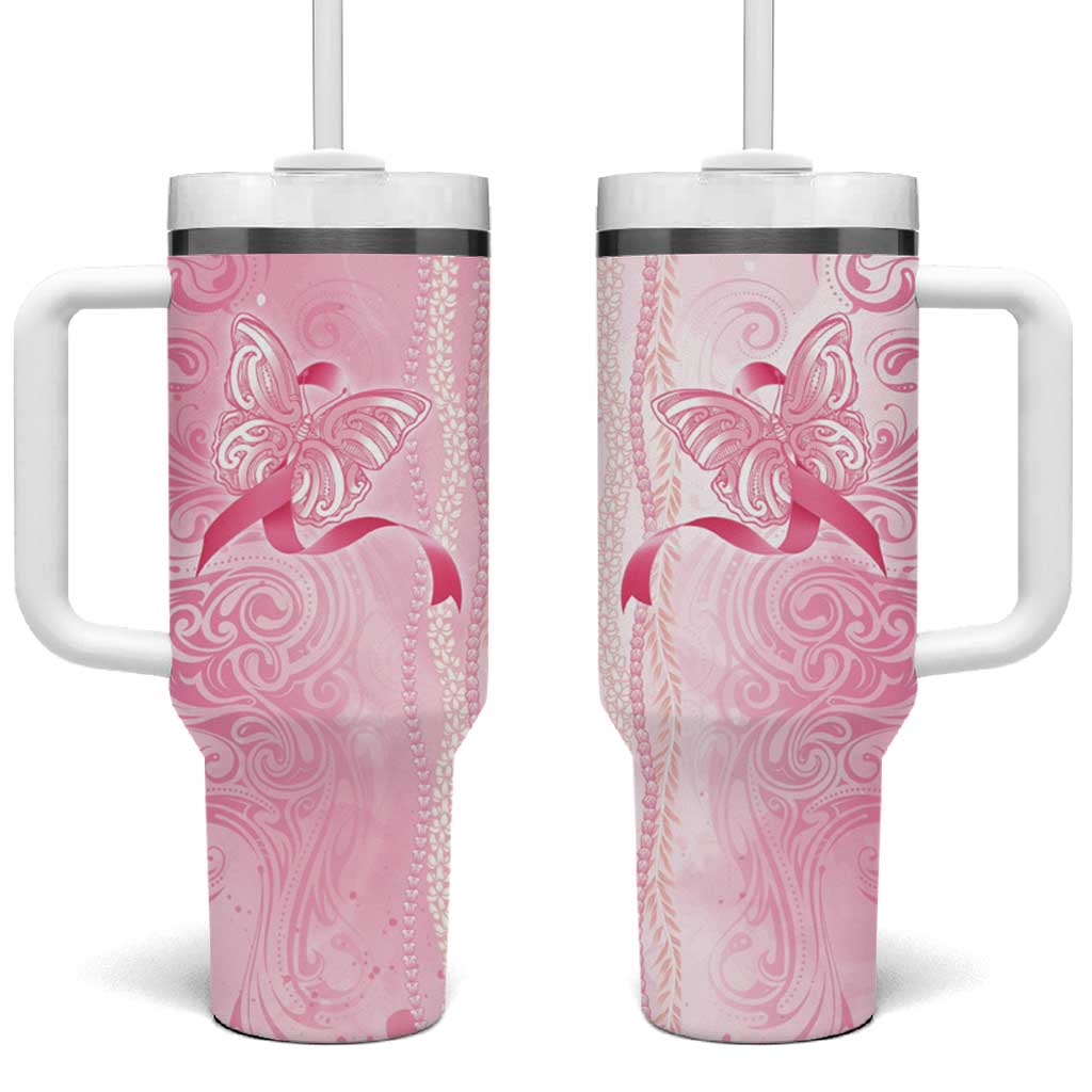 Breast Cancer Awareness Tumbler With Handle Maile Pikake Lokelani Crown Flower Lei Inspired LT9 One Size: 40 oz Pink - Polynesian Pride