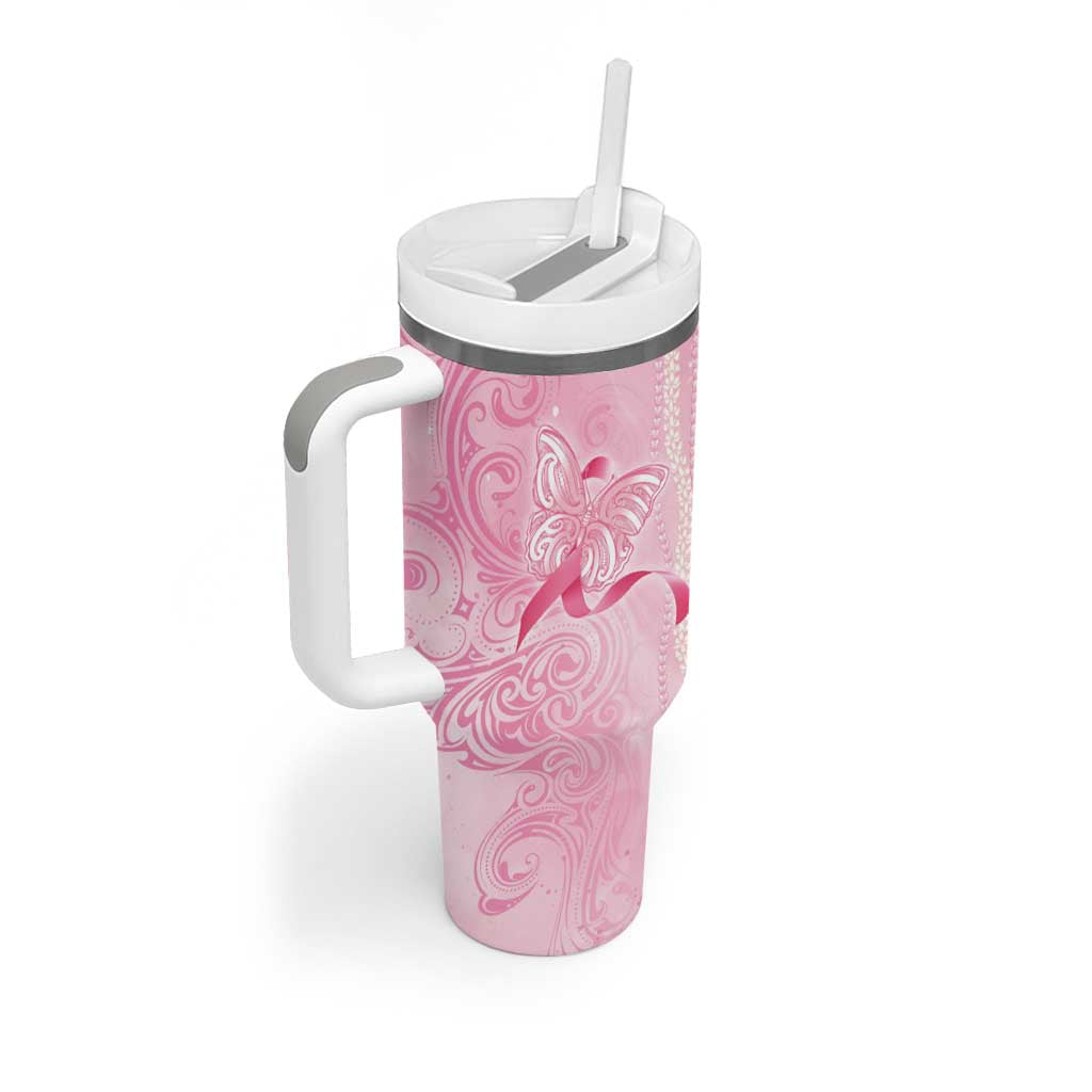 Breast Cancer Awareness Tumbler With Handle Maile Pikake Lokelani Crown Flower Lei Inspired LT9 - Polynesian Pride