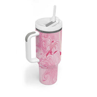 Breast Cancer Awareness Tumbler With Handle Maile Pikake Lokelani Crown Flower Lei Inspired LT9 - Polynesian Pride