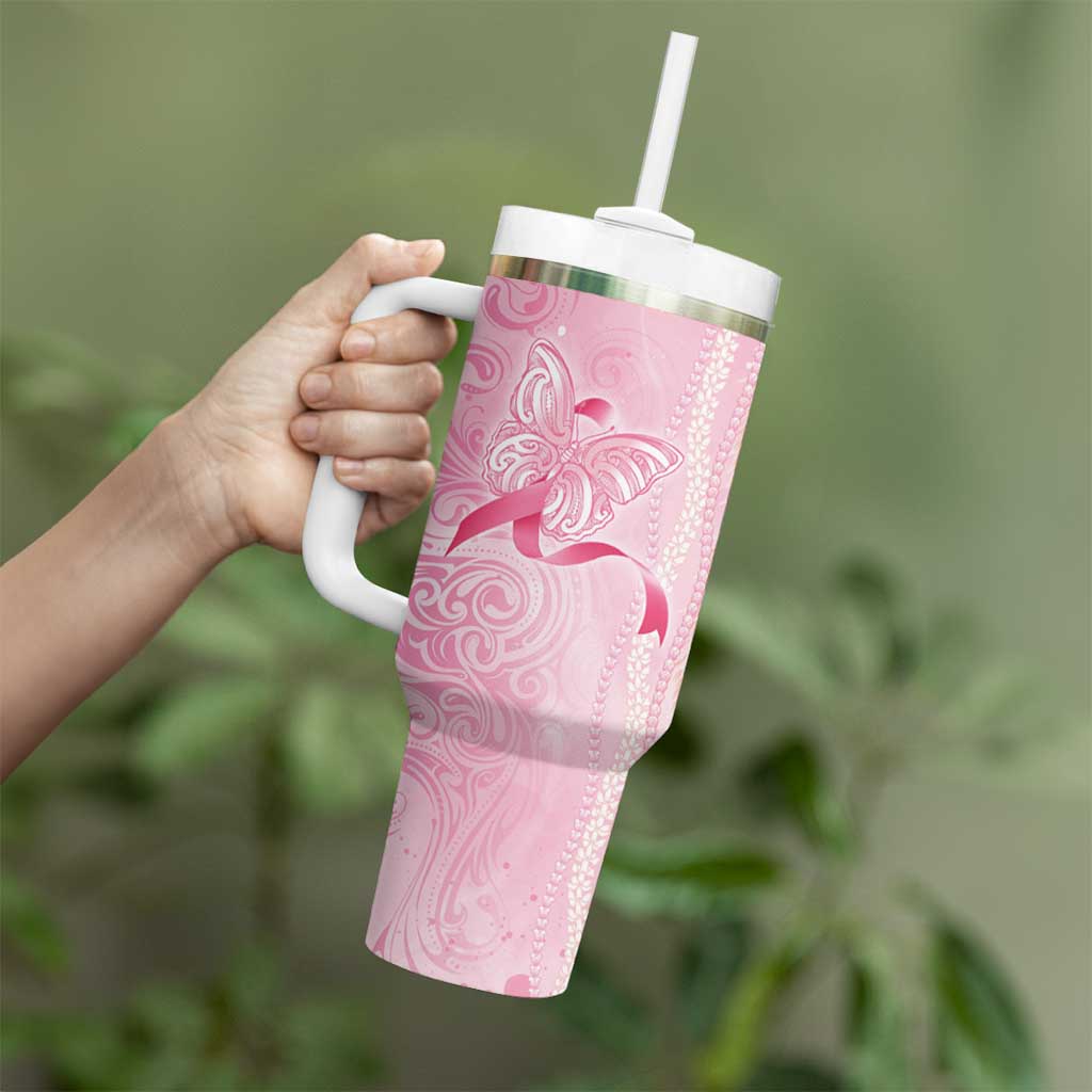 Breast Cancer Awareness Tumbler With Handle Maile Pikake Lokelani Crown Flower Lei Inspired LT9 - Polynesian Pride