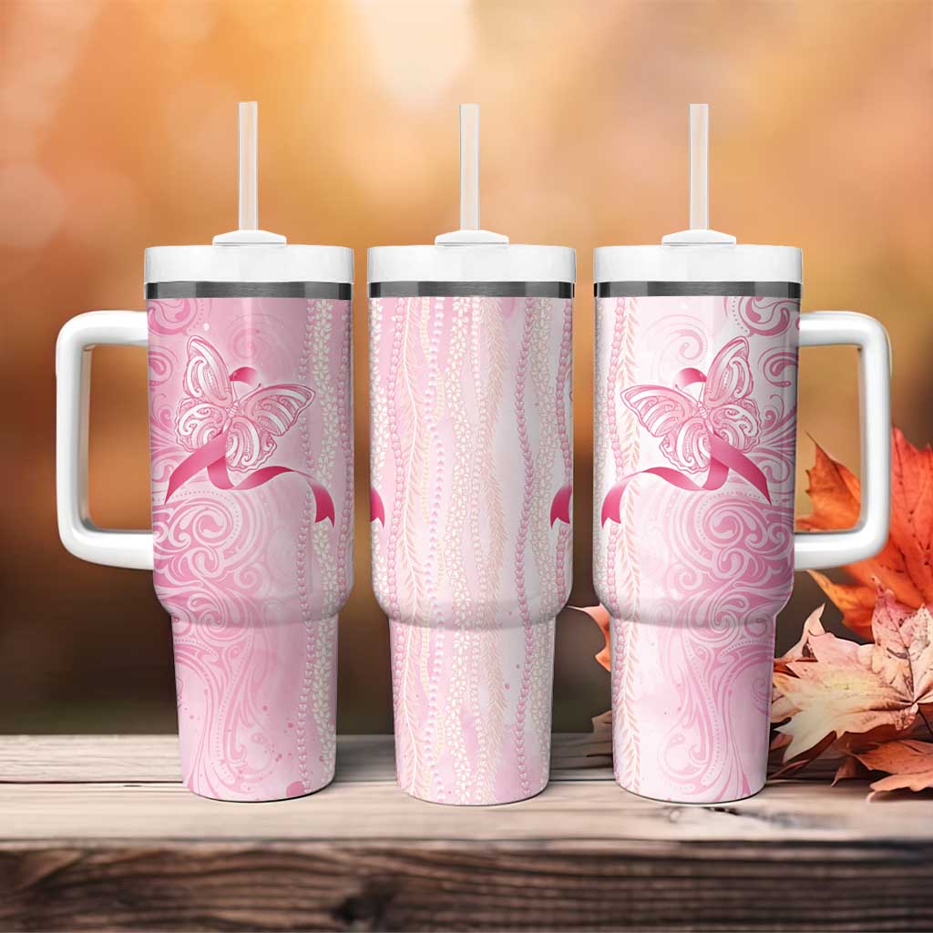 Breast Cancer Awareness Tumbler With Handle Maile Pikake Lokelani Crown Flower Lei Inspired LT9 - Polynesian Pride