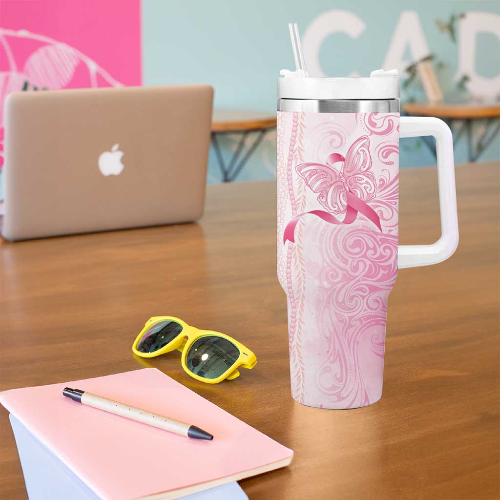 Breast Cancer Awareness Tumbler With Handle Maile Pikake Lokelani Crown Flower Lei Inspired LT9 - Polynesian Pride
