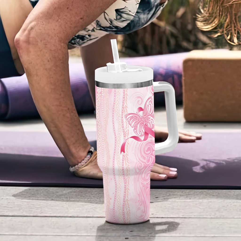 Breast Cancer Awareness Tumbler With Handle Maile Pikake Lokelani Crown Flower Lei Inspired LT9 - Polynesian Pride