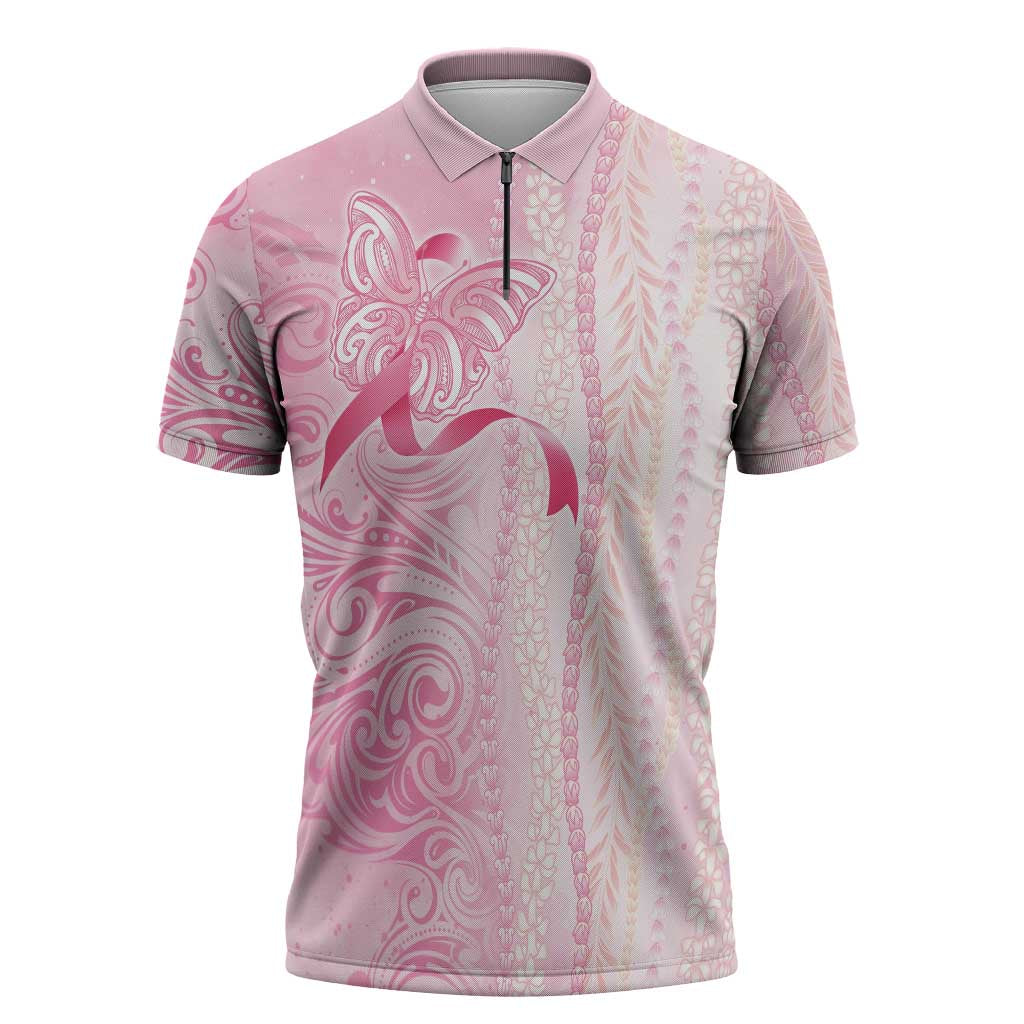 Breast Cancer Awareness Zipper Polo Shirt Maile Pikake Lokelani Crown Flower Lei Inspired