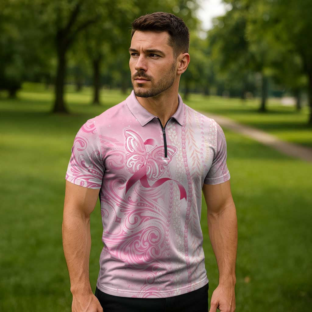Breast Cancer Awareness Zipper Polo Shirt Maile Pikake Lokelani Crown Flower Lei Inspired