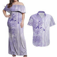 Epilepsy Awareness Couples Matching Off Shoulder Maxi Dress and Hawaiian Shirt Maile Pikake Lokelani Crown Flower Lei Inspired