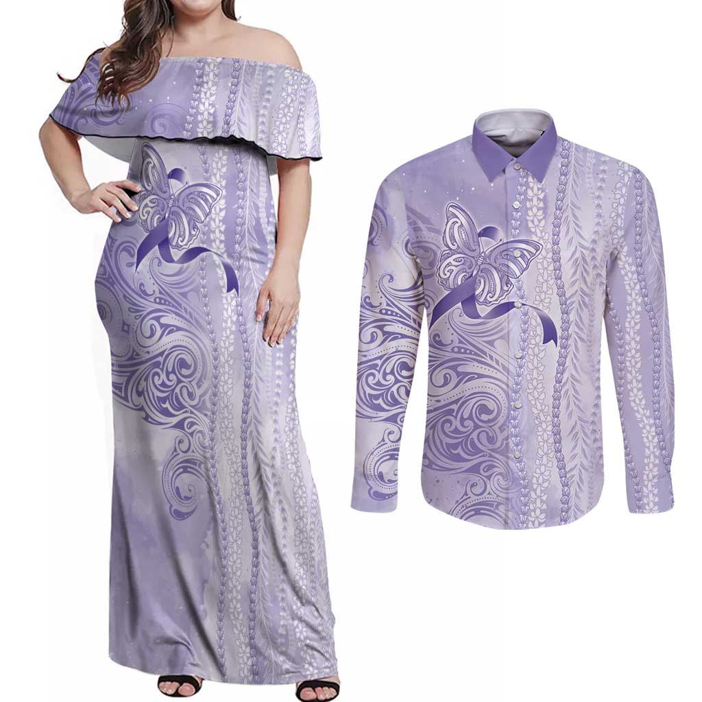 Epilepsy Awareness Couples Matching Off Shoulder Maxi Dress and Long Sleeve Button Shirt Maile Pikake Lokelani Crown Flower Lei Inspired