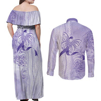 Epilepsy Awareness Couples Matching Off Shoulder Maxi Dress and Long Sleeve Button Shirt Maile Pikake Lokelani Crown Flower Lei Inspired