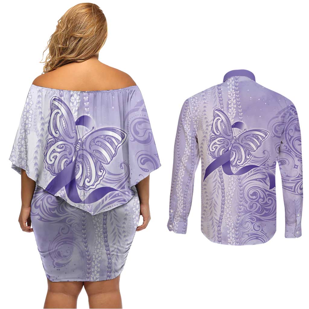 Epilepsy Awareness Couples Matching Off Shoulder Short Dress and Long Sleeve Button Shirt Maile Pikake Lokelani Crown Flower Lei Inspired
