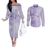 Epilepsy Awareness Couples Matching Off The Shoulder Long Sleeve Dress and Long Sleeve Button Shirt Maile Pikake Lokelani Crown Flower Lei Inspired