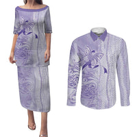 Epilepsy Awareness Couples Matching Puletasi and Long Sleeve Button Shirt Maile Pikake Lokelani Crown Flower Lei Inspired