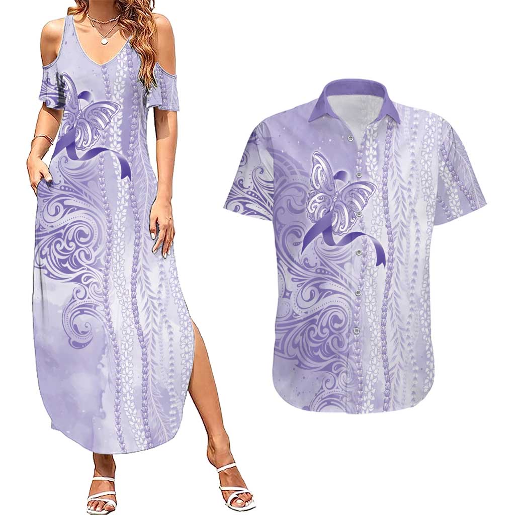 Epilepsy Awareness Couples Matching Summer Maxi Dress and Hawaiian Shirt Maile Pikake Lokelani Crown Flower Lei Inspired