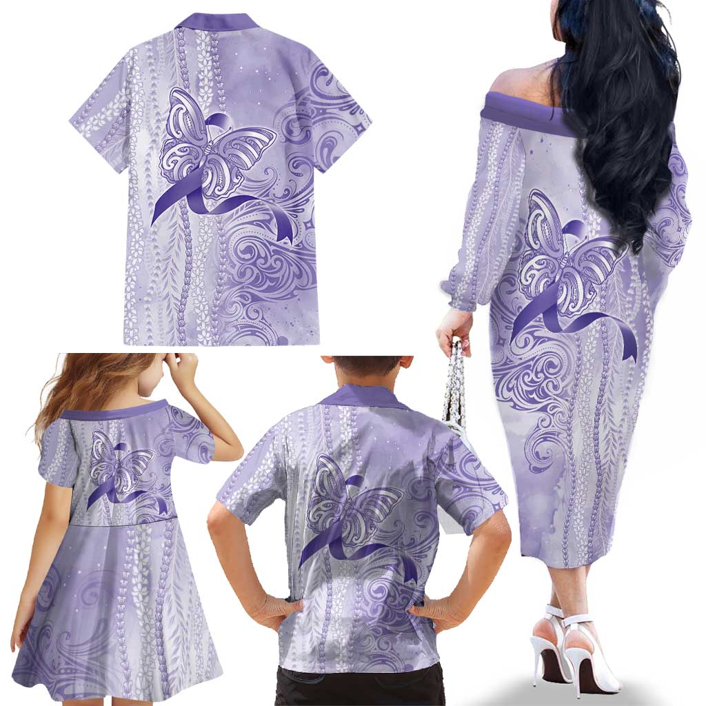 Epilepsy Awareness Family Matching Off The Shoulder Long Sleeve Dress and Hawaiian Shirt Maile Pikake Lokelani Crown Flower Lei Inspired