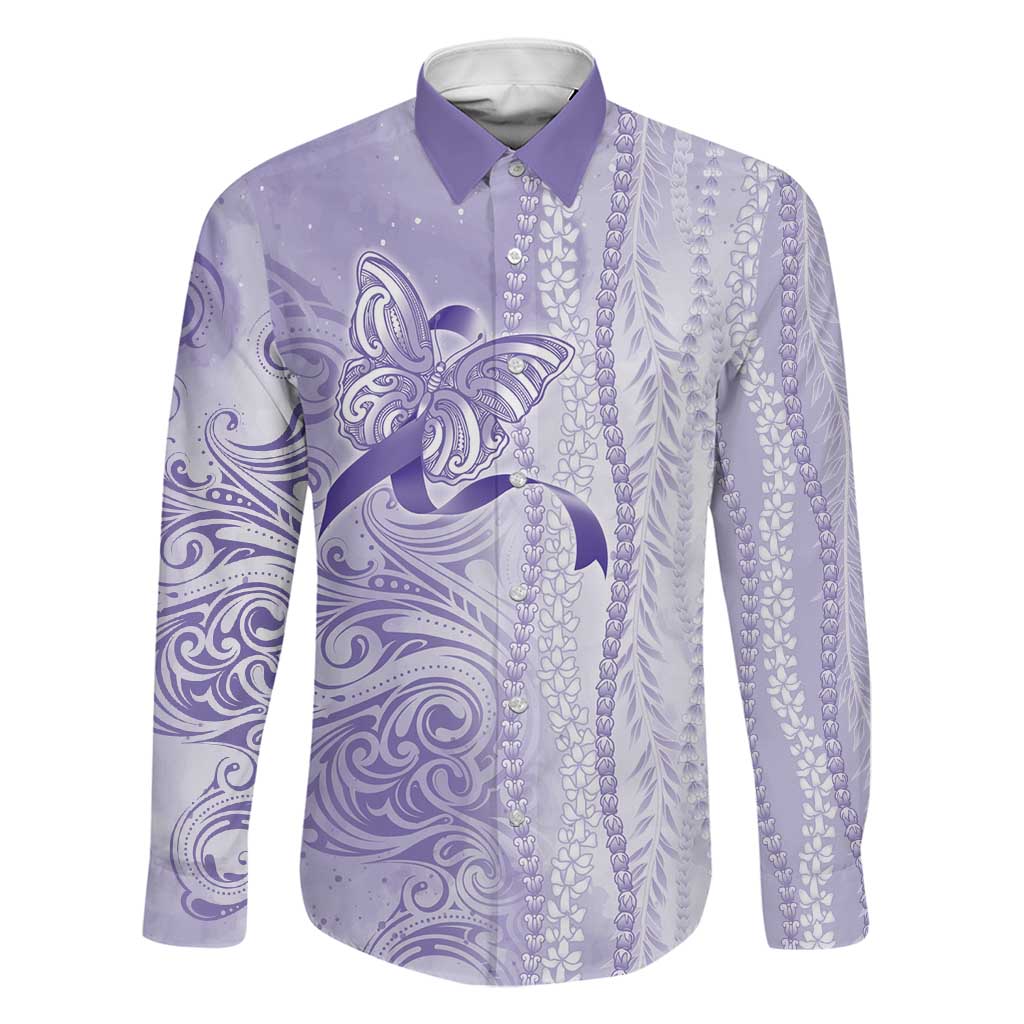 Epilepsy Awareness Family Matching Off Shoulder Maxi Dress and Hawaiian Shirt Maile Pikake Lokelani Crown Flower Lei Inspired LT9 Dad's Shirt - Long Sleeve Purple - Polynesian Pride