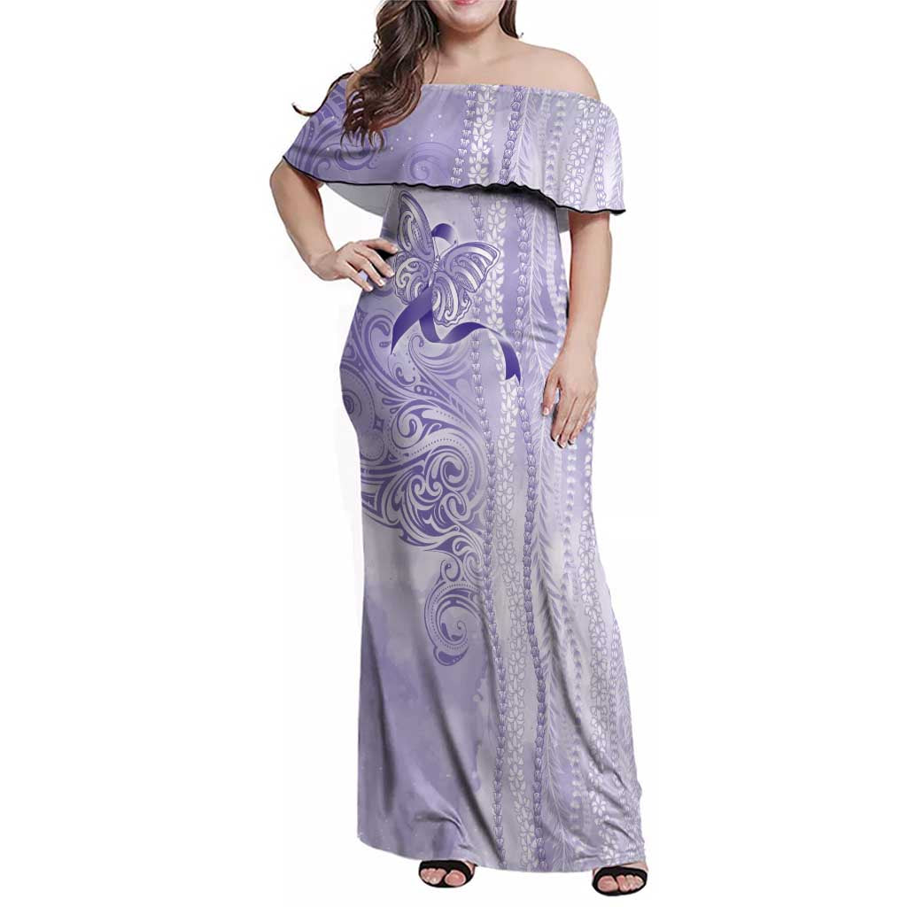 Epilepsy Awareness Family Matching Off Shoulder Maxi Dress and Hawaiian Shirt Maile Pikake Lokelani Crown Flower Lei Inspired LT9 Mom's Dress Purple - Polynesian Pride