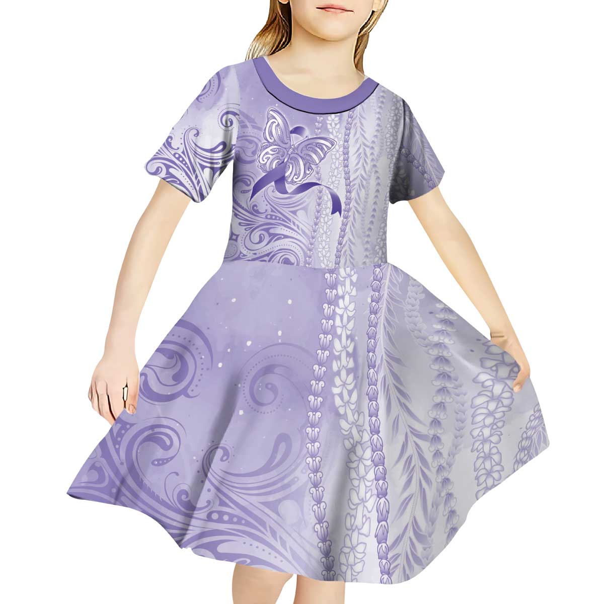 Epilepsy Awareness Kid Short Sleeve Dress Maile Pikake Lokelani Crown Flower Lei Inspired