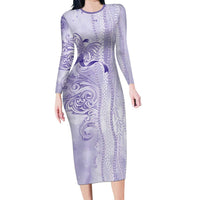Epilepsy Awareness Long Sleeve Bodycon Dress Maile Pikake Lokelani Crown Flower Lei Inspired LT9 Long Dress Purple - Polynesian Pride