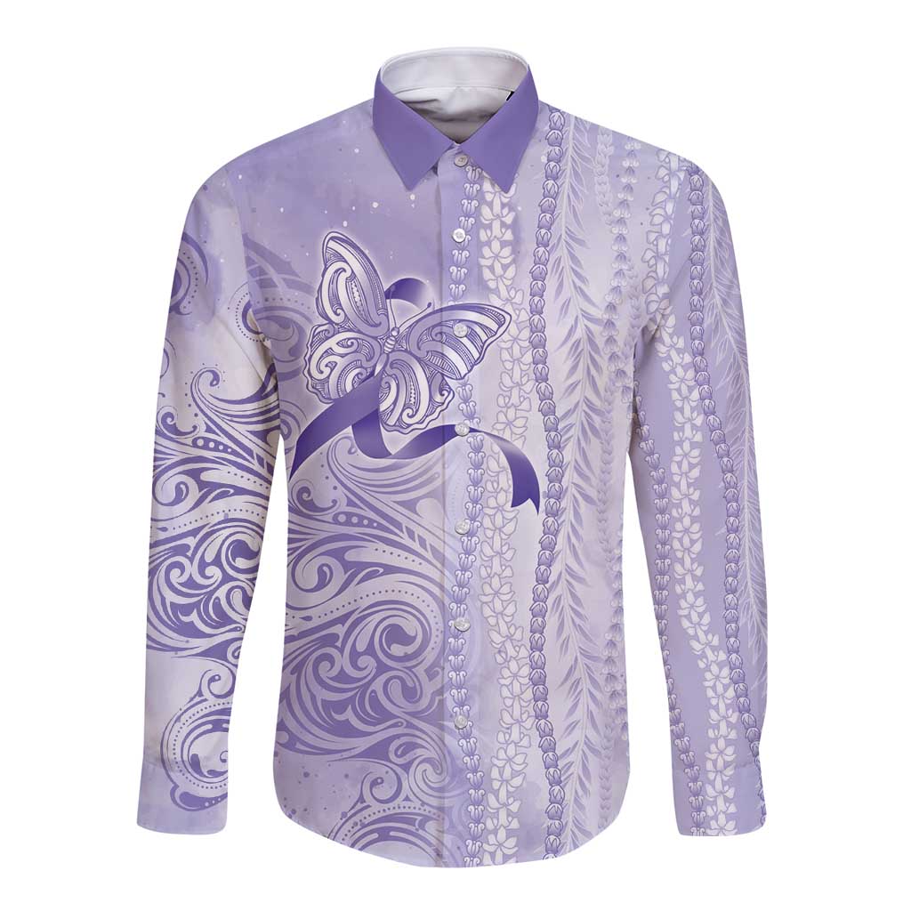 Epilepsy Awareness Long Sleeve Button Shirt Maile Pikake Lokelani Crown Flower Lei Inspired LT9 Unisex Purple - Polynesian Pride