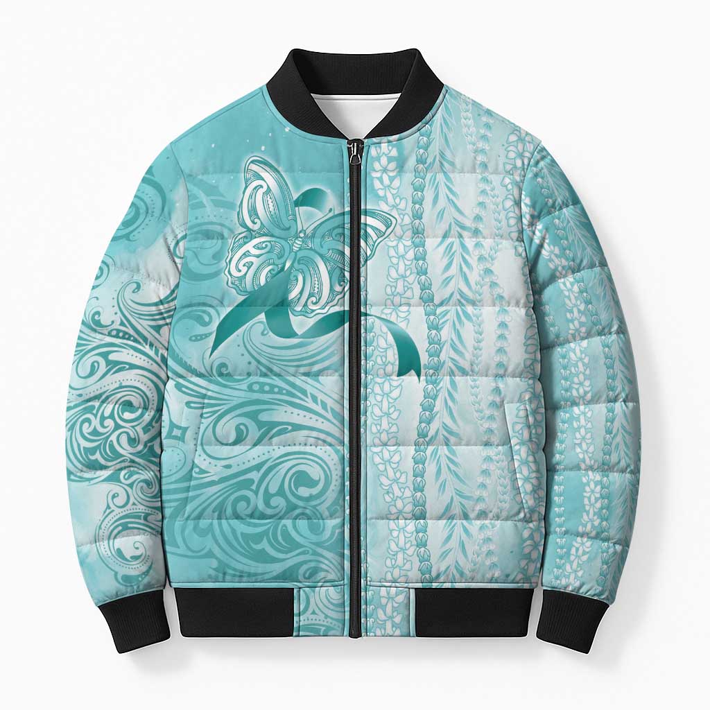 PTSD Awareness Bomber Puffer Jacket Maile Pikake Lokelani Crown Flower Lei Inspired