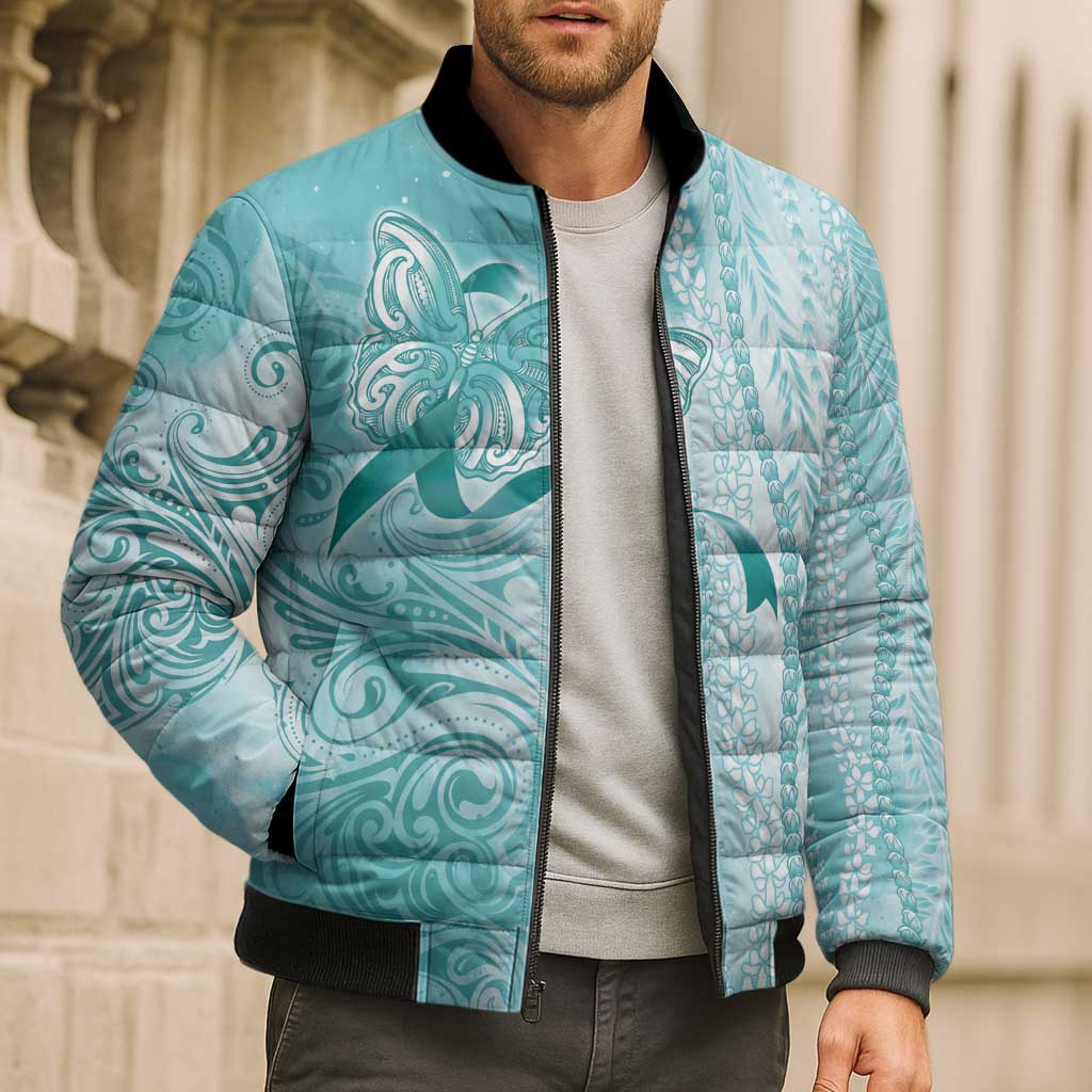 PTSD Awareness Bomber Puffer Jacket Maile Pikake Lokelani Crown Flower Lei Inspired