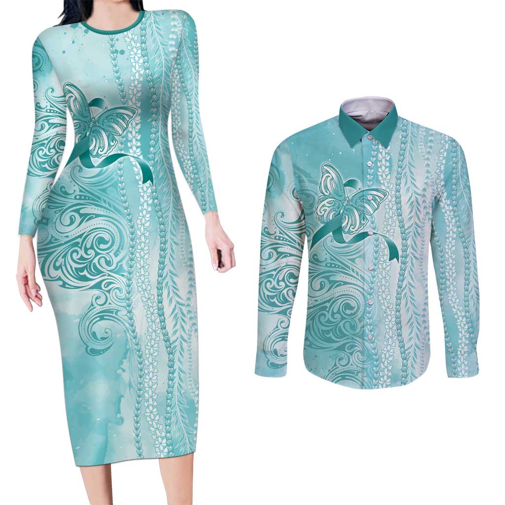 PTSD Awareness Couples Matching Long Sleeve Bodycon Dress and Long Sleeve Button Shirt Maile Pikake Lokelani Crown Flower Lei Inspired