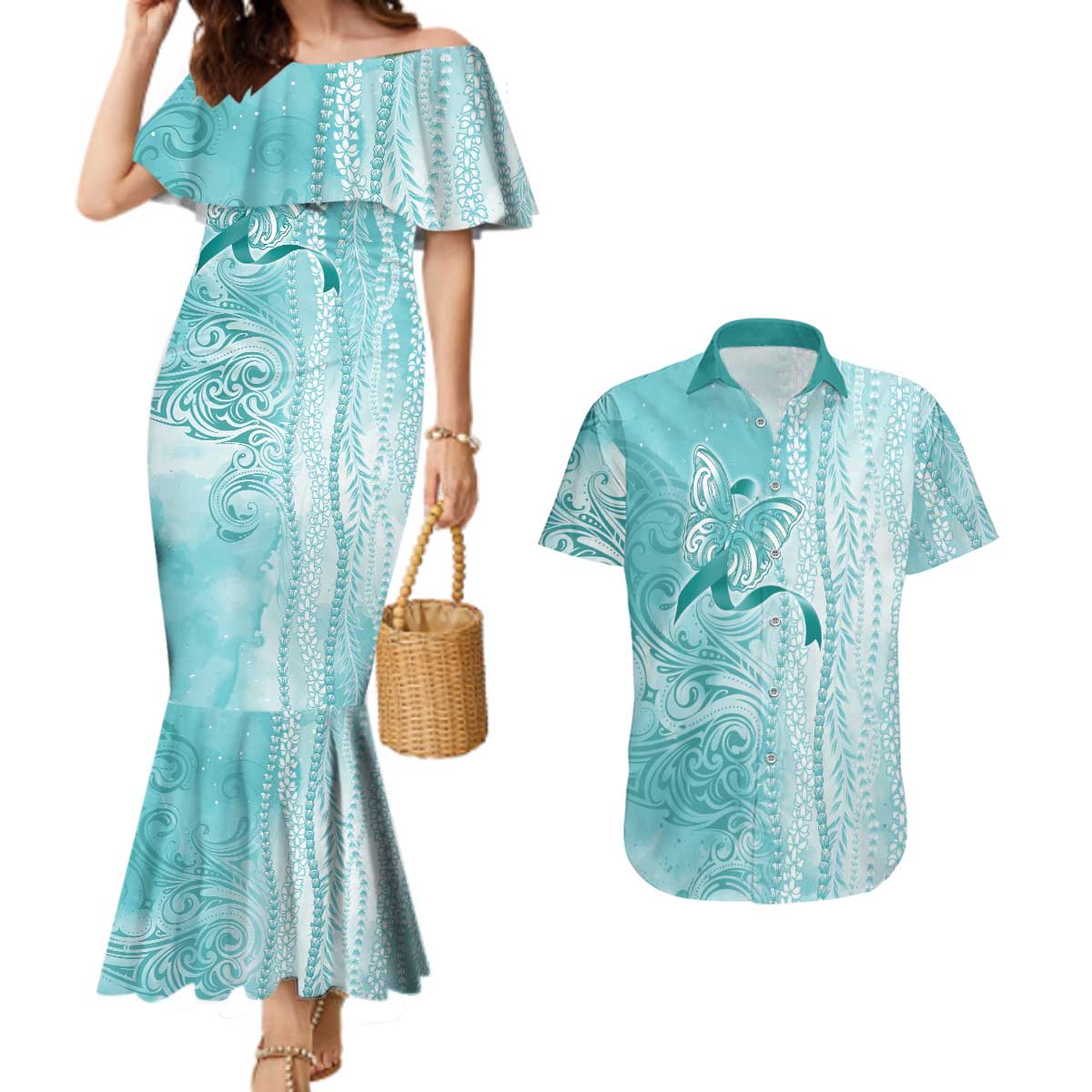 PTSD Awareness Couples Matching Mermaid Dress and Hawaiian Shirt Maile Pikake Lokelani Crown Flower Lei Inspired