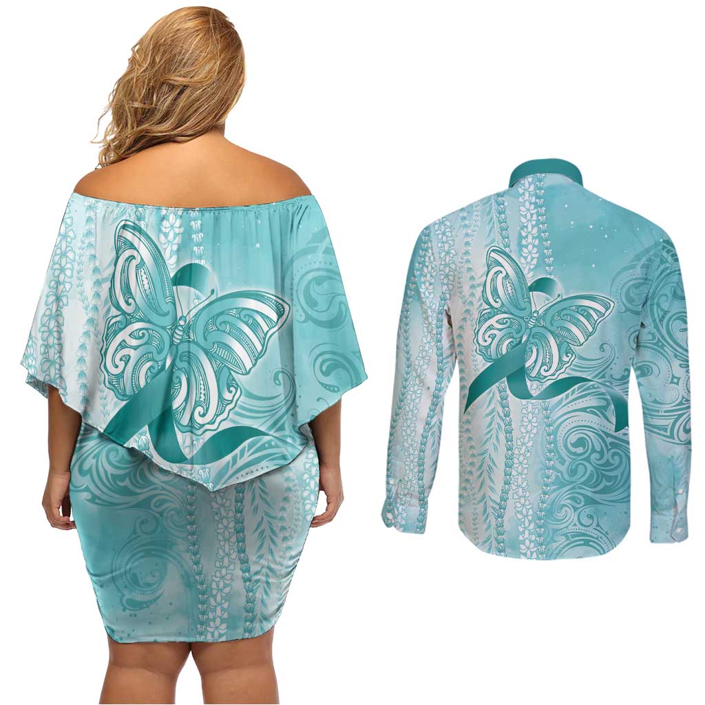 PTSD Awareness Couples Matching Off Shoulder Short Dress and Long Sleeve Button Shirt Maile Pikake Lokelani Crown Flower Lei Inspired