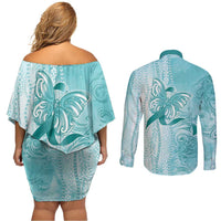 PTSD Awareness Couples Matching Off Shoulder Short Dress and Long Sleeve Button Shirt Maile Pikake Lokelani Crown Flower Lei Inspired