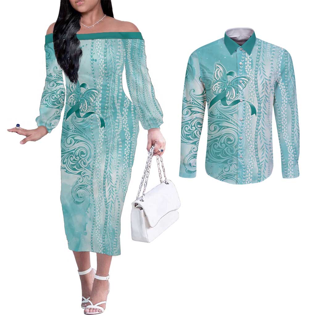 PTSD Awareness Couples Matching Off The Shoulder Long Sleeve Dress and Long Sleeve Button Shirt Maile Pikake Lokelani Crown Flower Lei Inspired