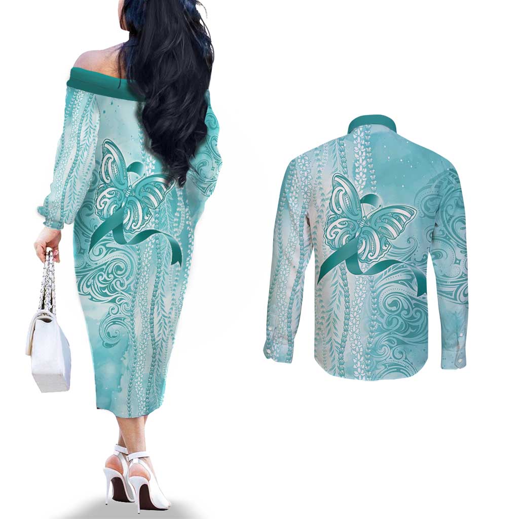 PTSD Awareness Couples Matching Off The Shoulder Long Sleeve Dress and Long Sleeve Button Shirt Maile Pikake Lokelani Crown Flower Lei Inspired