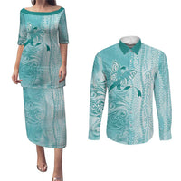 PTSD Awareness Couples Matching Puletasi and Long Sleeve Button Shirt Maile Pikake Lokelani Crown Flower Lei Inspired LT9 Teal - Polynesian Pride