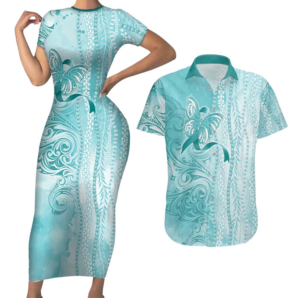 PTSD Awareness Couples Matching Short Sleeve Bodycon Dress and Hawaiian Shirt Maile Pikake Lokelani Crown Flower Lei Inspired