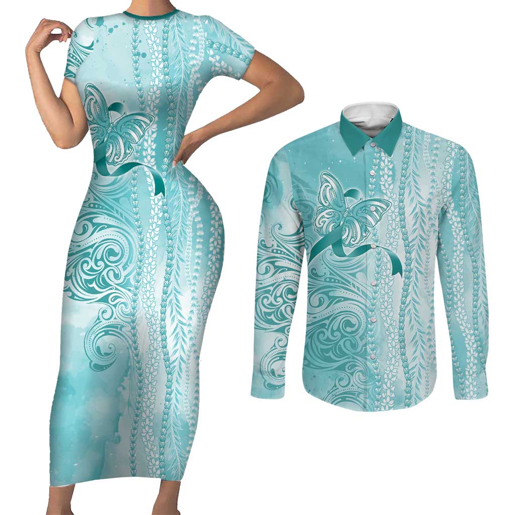 PTSD Awareness Couples Matching Short Sleeve Bodycon Dress and Long Sleeve Button Shirt Maile Pikake Lokelani Crown Flower Lei Inspired