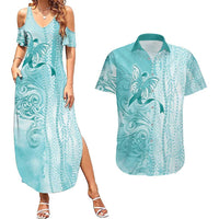 PTSD Awareness Couples Matching Summer Maxi Dress and Hawaiian Shirt Maile Pikake Lokelani Crown Flower Lei Inspired