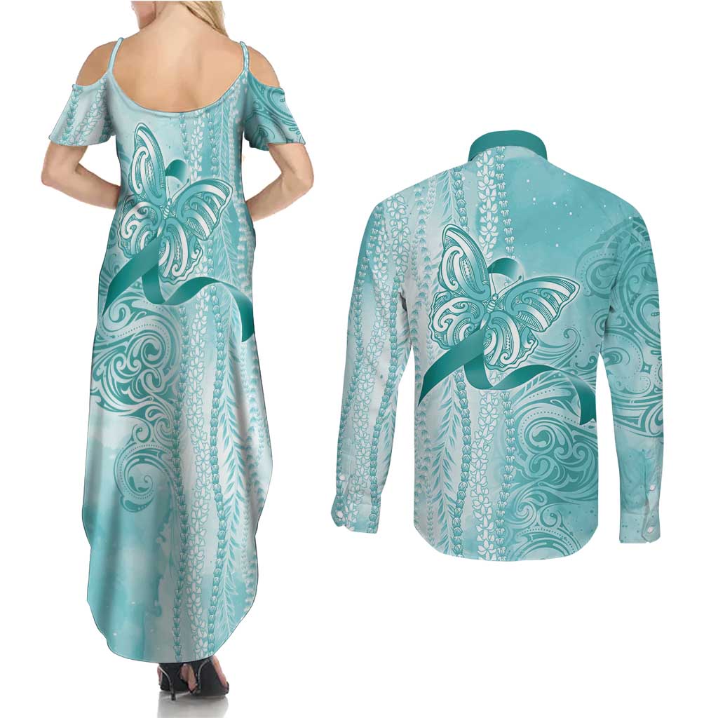 PTSD Awareness Couples Matching Summer Maxi Dress and Long Sleeve Button Shirt Maile Pikake Lokelani Crown Flower Lei Inspired