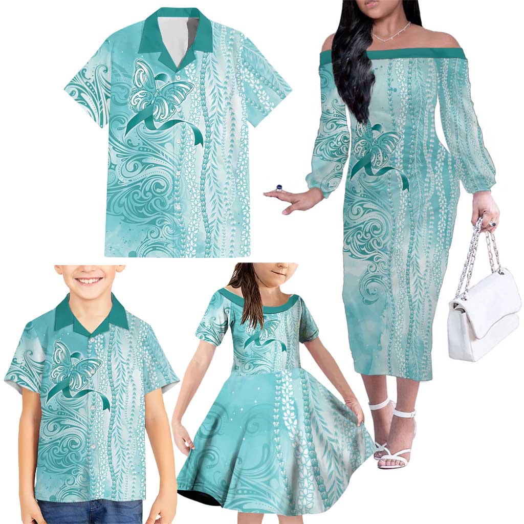 PTSD Awareness Family Matching Off The Shoulder Long Sleeve Dress and Hawaiian Shirt Maile Pikake Lokelani Crown Flower Lei Inspired