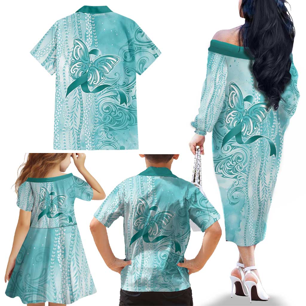 PTSD Awareness Family Matching Off The Shoulder Long Sleeve Dress and Hawaiian Shirt Maile Pikake Lokelani Crown Flower Lei Inspired