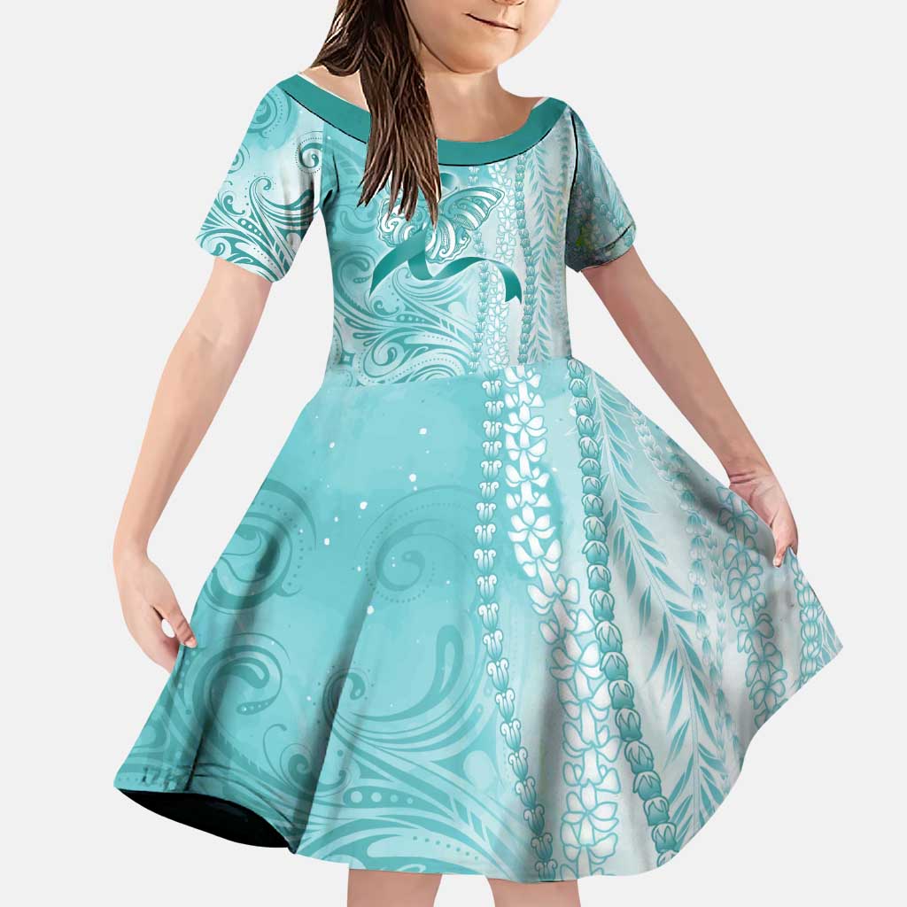 PTSD Awareness Family Matching Off Shoulder Maxi Dress and Hawaiian Shirt Maile Pikake Lokelani Crown Flower Lei Inspired LT9 Daughter's Dress Teal - Polynesian Pride