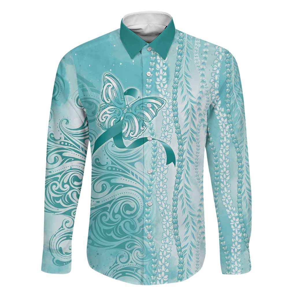 PTSD Awareness Family Matching Off Shoulder Maxi Dress and Hawaiian Shirt Maile Pikake Lokelani Crown Flower Lei Inspired LT9 Dad's Shirt - Long Sleeve Teal - Polynesian Pride