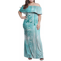 PTSD Awareness Family Matching Off Shoulder Maxi Dress and Hawaiian Shirt Maile Pikake Lokelani Crown Flower Lei Inspired LT9 Mom's Dress Teal - Polynesian Pride
