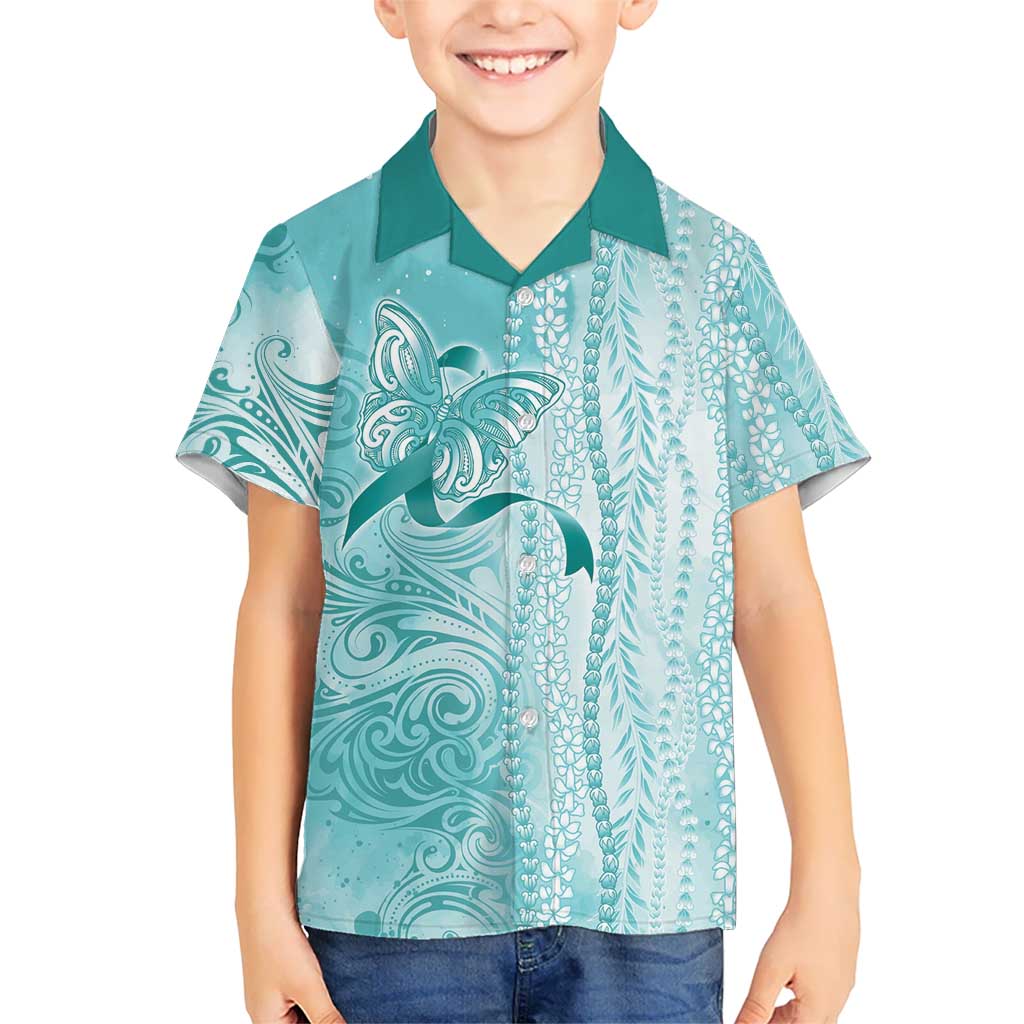 PTSD Awareness Family Matching Off Shoulder Maxi Dress and Hawaiian Shirt Maile Pikake Lokelani Crown Flower Lei Inspired LT9 Son's Shirt Teal - Polynesian Pride