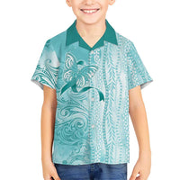 PTSD Awareness Family Matching Off Shoulder Maxi Dress and Hawaiian Shirt Maile Pikake Lokelani Crown Flower Lei Inspired LT9 Son's Shirt Teal - Polynesian Pride